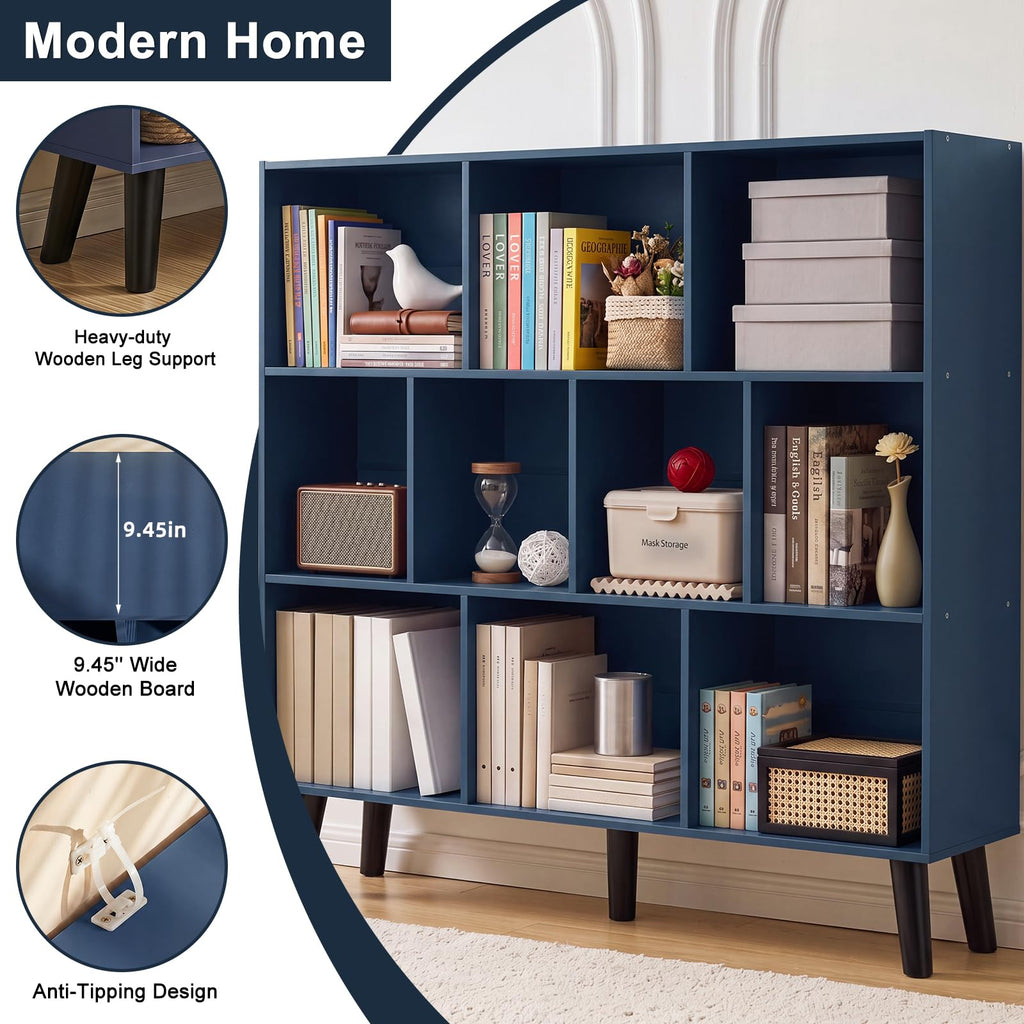10 Cube Bookshelf, 3 Tier Bookcase with Legs, Dark Blue Mid-Century Modern Bookshelves, Large Free Standing Open Storage