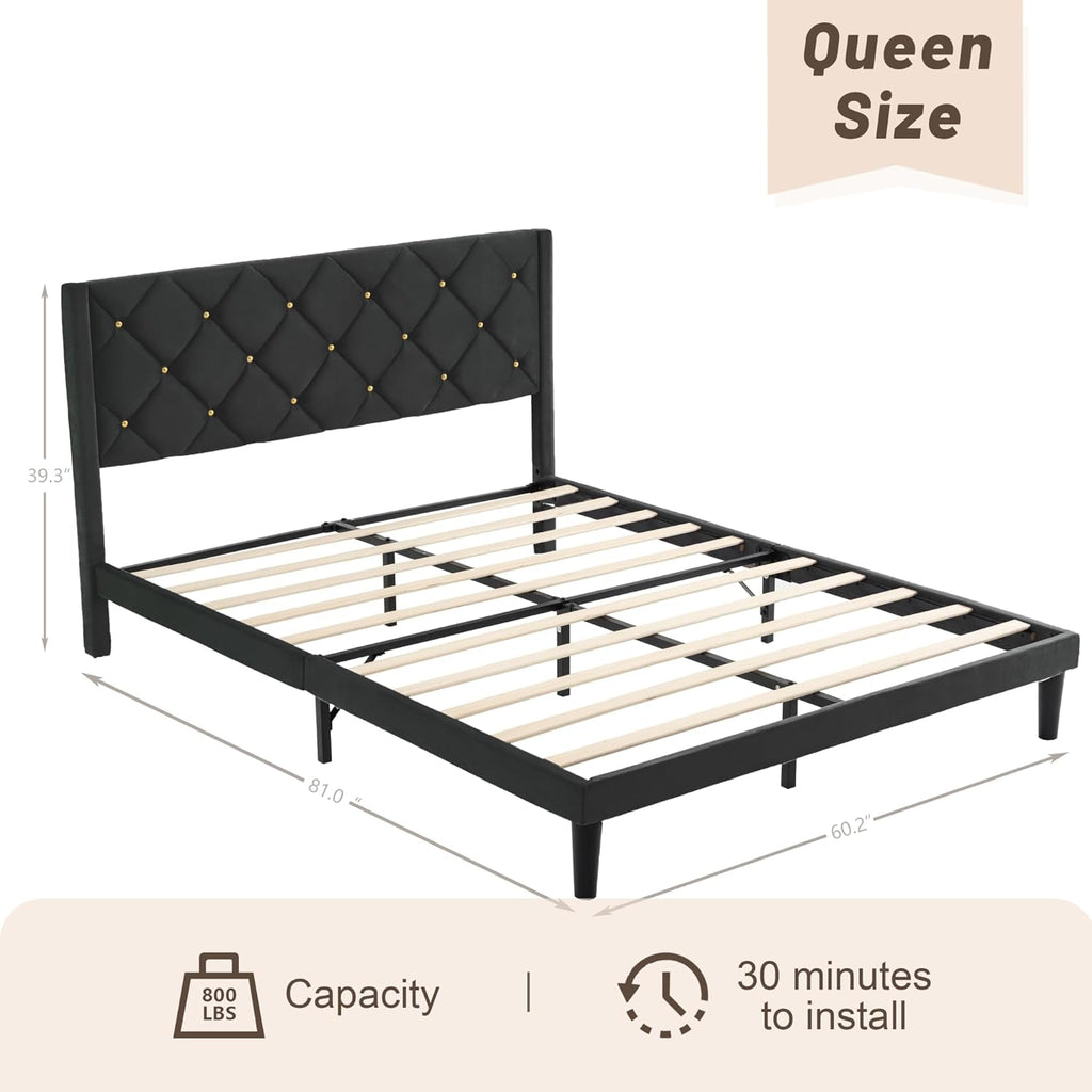Queen Bed Frame with Headboard, Bed Frame Queen with Sturdy Wooden Slats Support