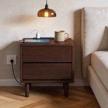 Solid Wood Nightstand with Charging Station,USB-C Port, 15.7 inch Wide End Table with 2 Drawers, Modern Wood Bedside