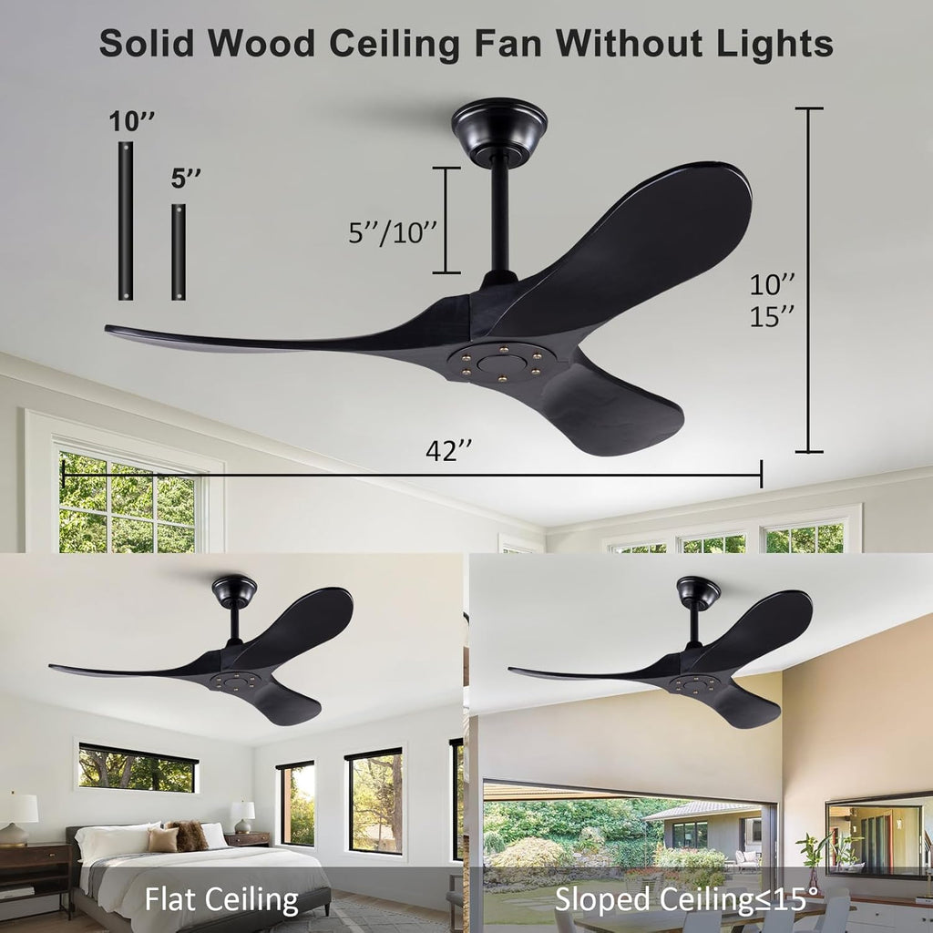 Inspired Maverick Style 42 Inch Solid Wood Ceiling Fan with Remote,Black Ceiling Fan no Light,6 Speeds,Noiseless,Reversible DC Motor,Modern Ceiling Fans without Lights for Outdoor Indoor Bedroom Farmhouse,Patios