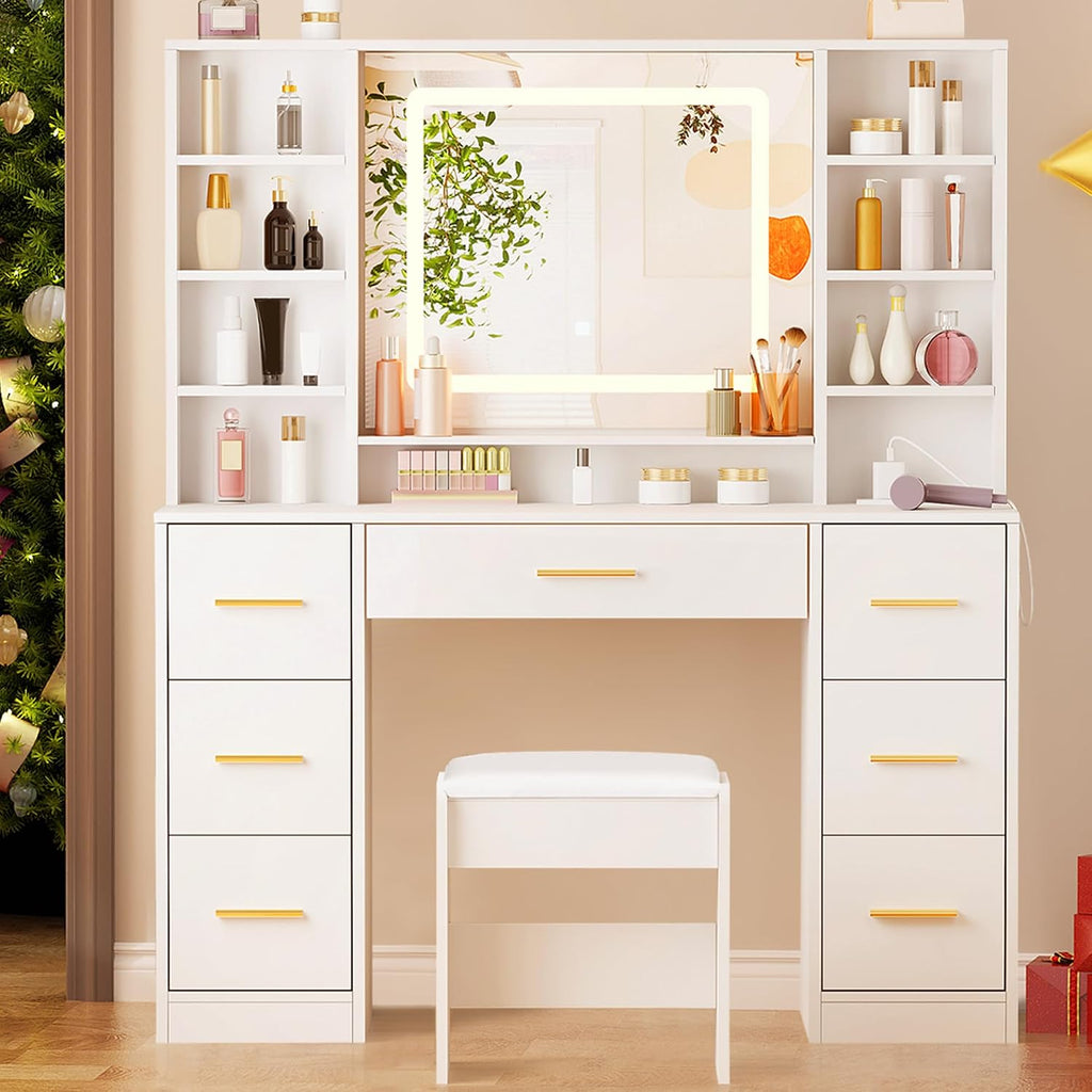 39.4" White Vanity Desk with Lighted Mirror & Adjustable Lights | Girls Makeup Vanity Set with Charging