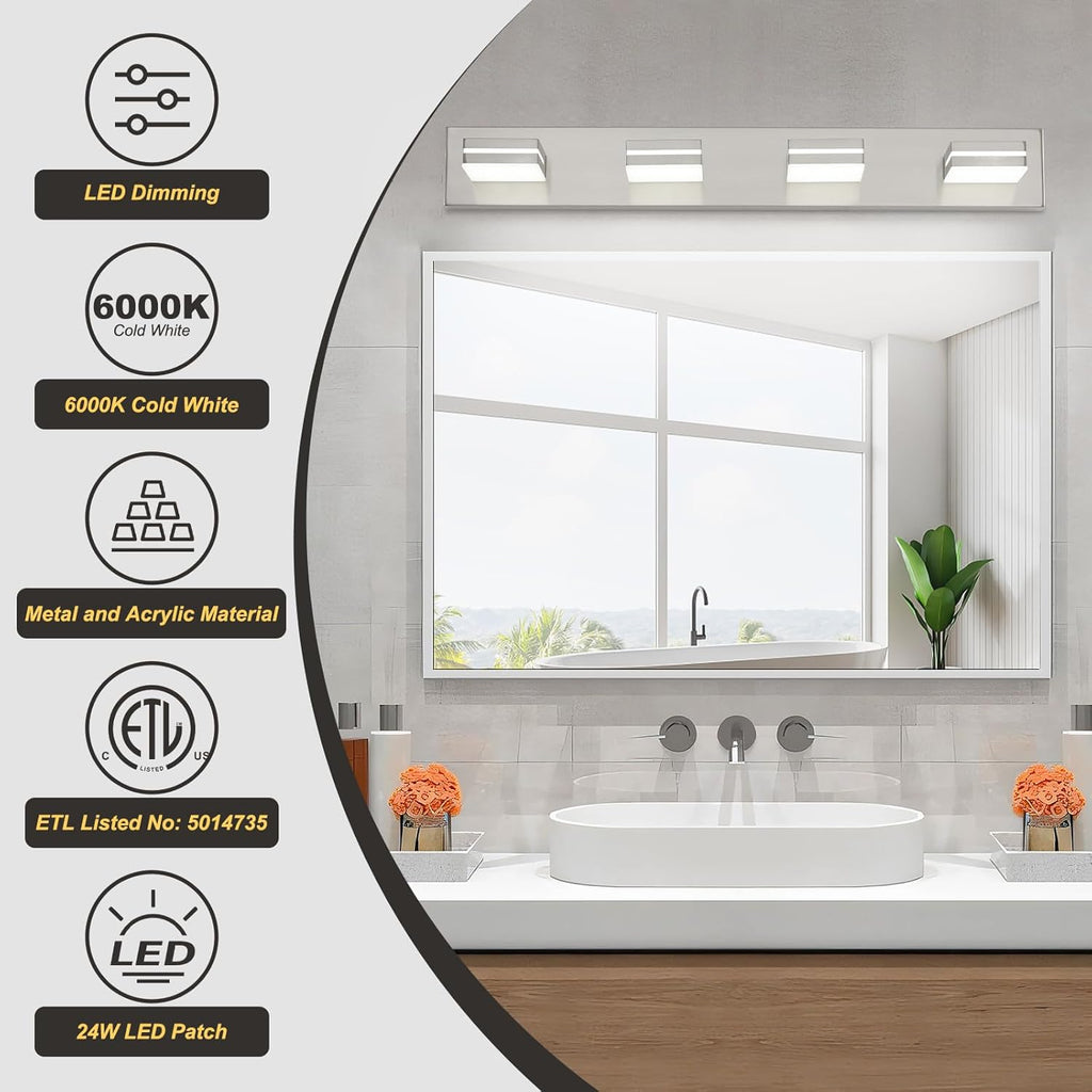 4 Light Bathroom Vanity Light Brushed Nickel Modern 32W LED Dimmable Vanity Light Over Mirror 350° Adjustable Lamp