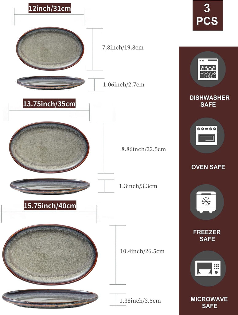 Ceramic Large Serving Platters- Set of 3 Oval Platters for Entertaining. Modern Kitchen Dishes for Dinner, Fruit