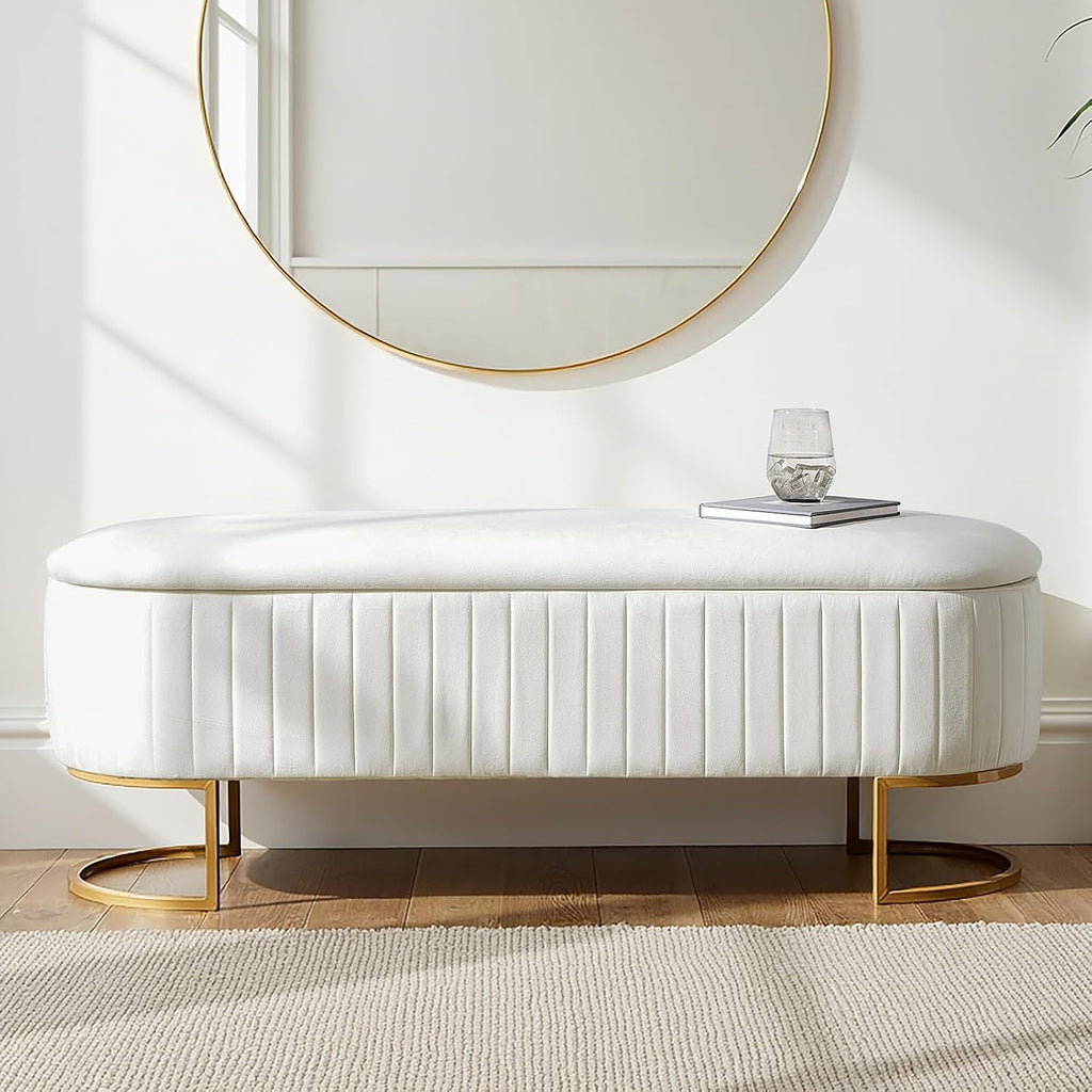50.5" Velvet Storage Ottoman Bench with Gold-Toned Legs, Luxury Upholstered End of Bed Multi-Functional Footrest &