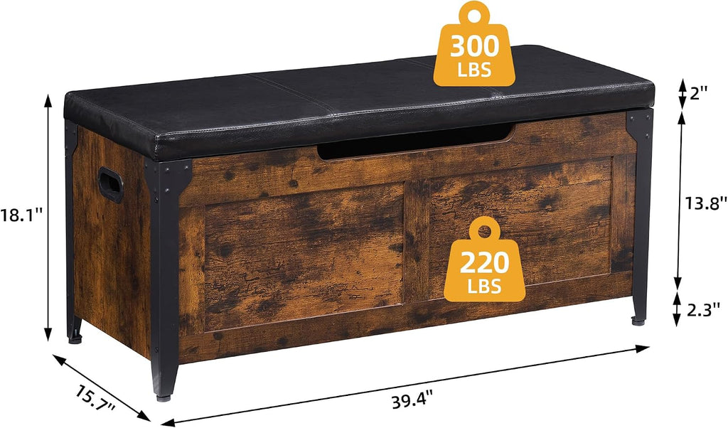 Storage Chest, Wooden Storage Trunk with Metal Frame, Entryway Shoes Bench with Cushion, Large Storage Organizer