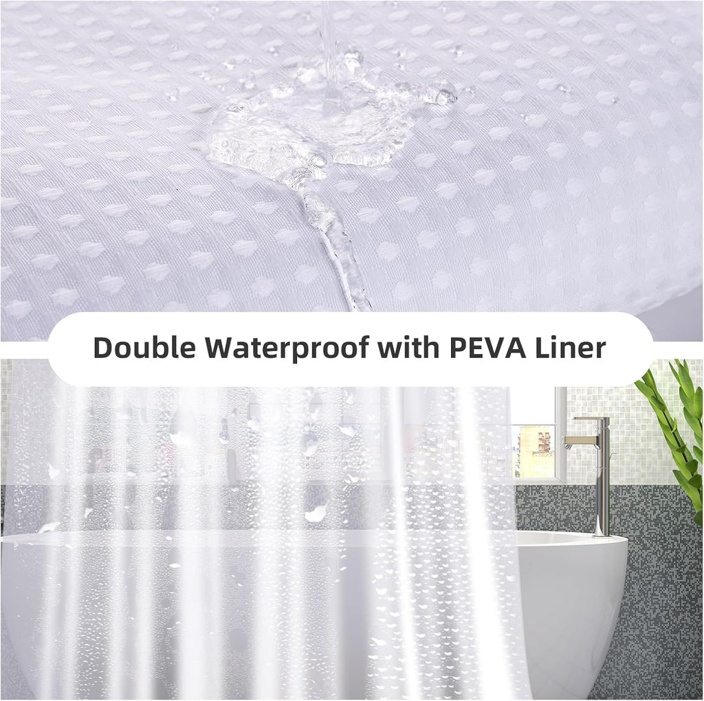 Waterproof Waffle Shower Curtain, 258GSM Heavy Duty 3 Piece Set with Clear Liner and 12 Stainless Steel Hooks