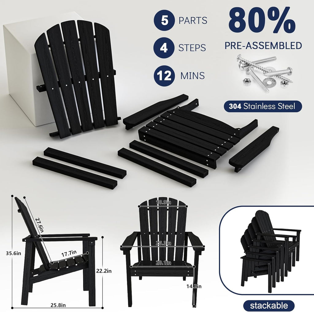 Compact Stackable Adirondack Chairs Set of 2,HDPE,Black | 26.3" Wide HDPE,380lb,All-Weather