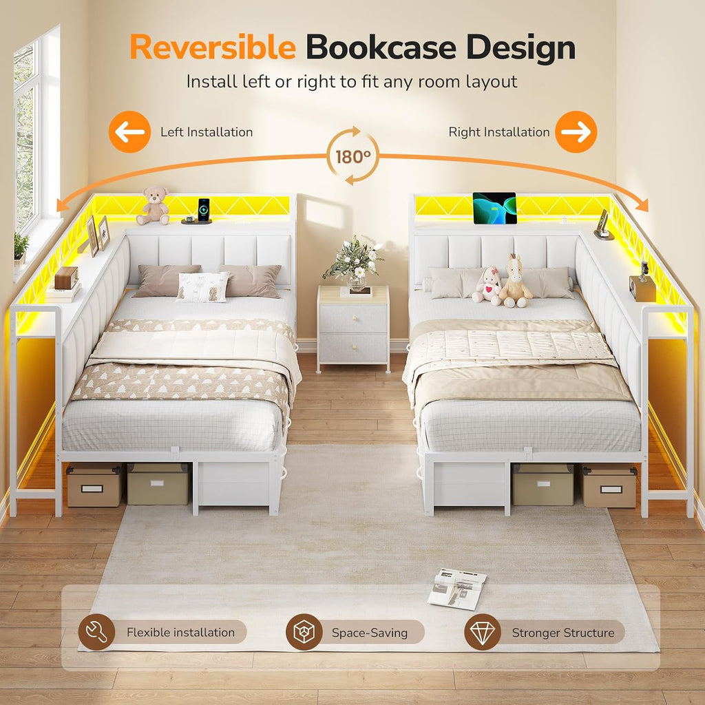 Twin Corner Bed Frame with 6 Storage Drawers and Upholstered Guardrail, Charging Station Twin Size Platform Bed Frame