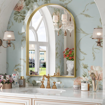 Arched Mirror, 22 x 30 Inch Gold Arch Mirror, Metal Frame Gold Arched Wall Mirror, Arched Top Bathroom Vanity Mirror