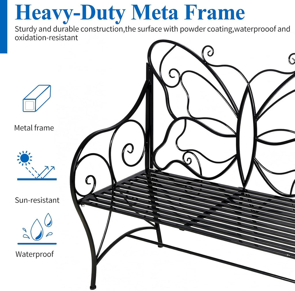 Outdoor Bench Outdoor Sturdy Rust-Resistant Bench Butterfly Cast Iron with Armrests Park,Yard, Patio, Porch, Lawn