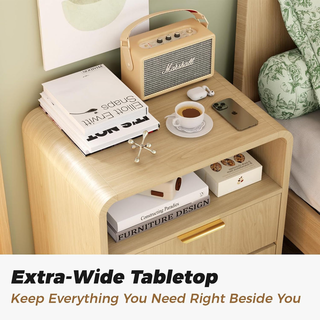 Modern Nightstand,Bedside Table,with 2 Drawers and Open Shelf, Oak Side Table, End Table ,Curved Profile