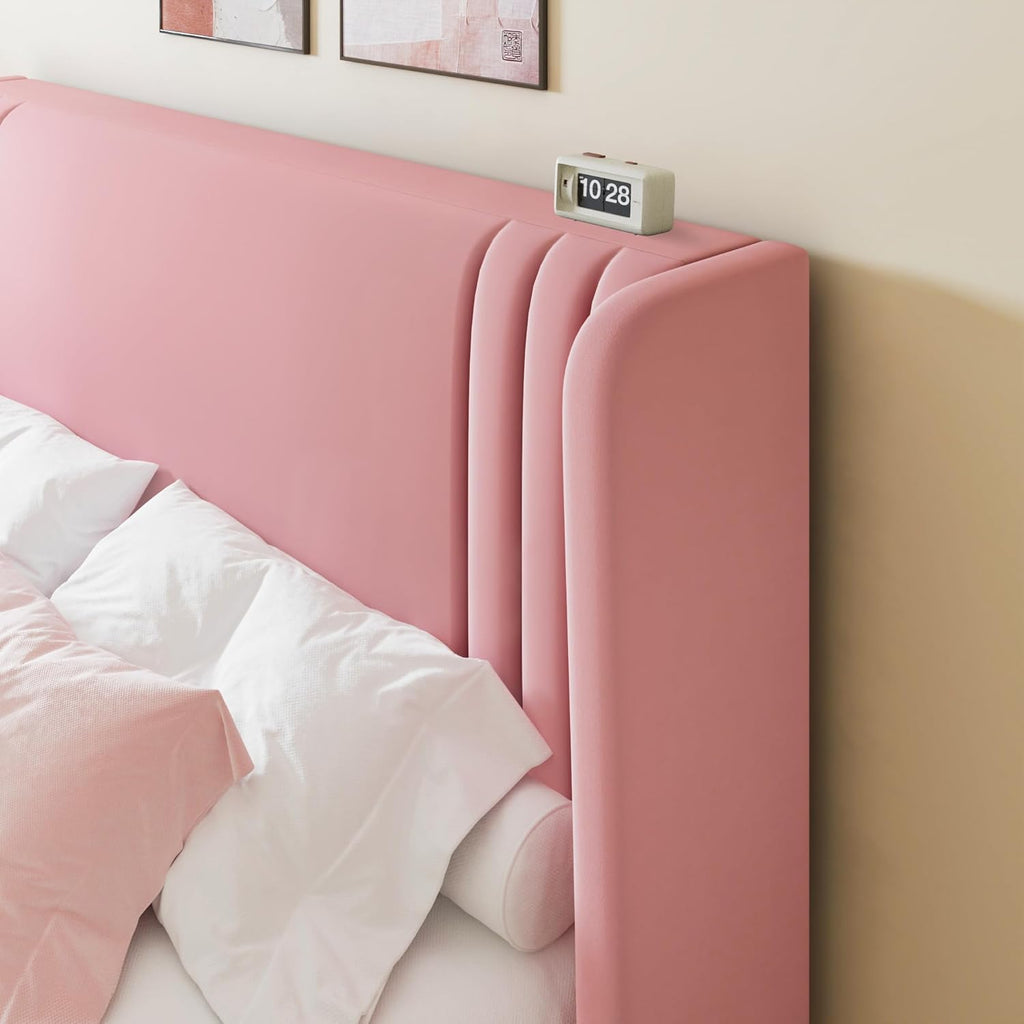 Full Velvet Platform Bed Frame with Vertical Tufted Wingback Headboard, Easy Assembly, Under Bed Storage