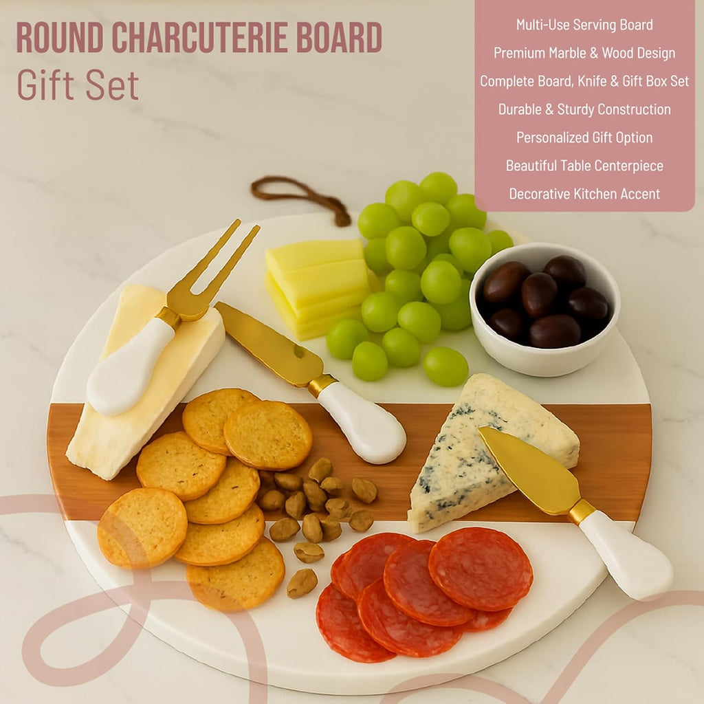 Marble Charcuterie Board Gift Set - 12" Round Cheese Board with 3 Gold Stainless Steel Knives, Leather Strap & Gift