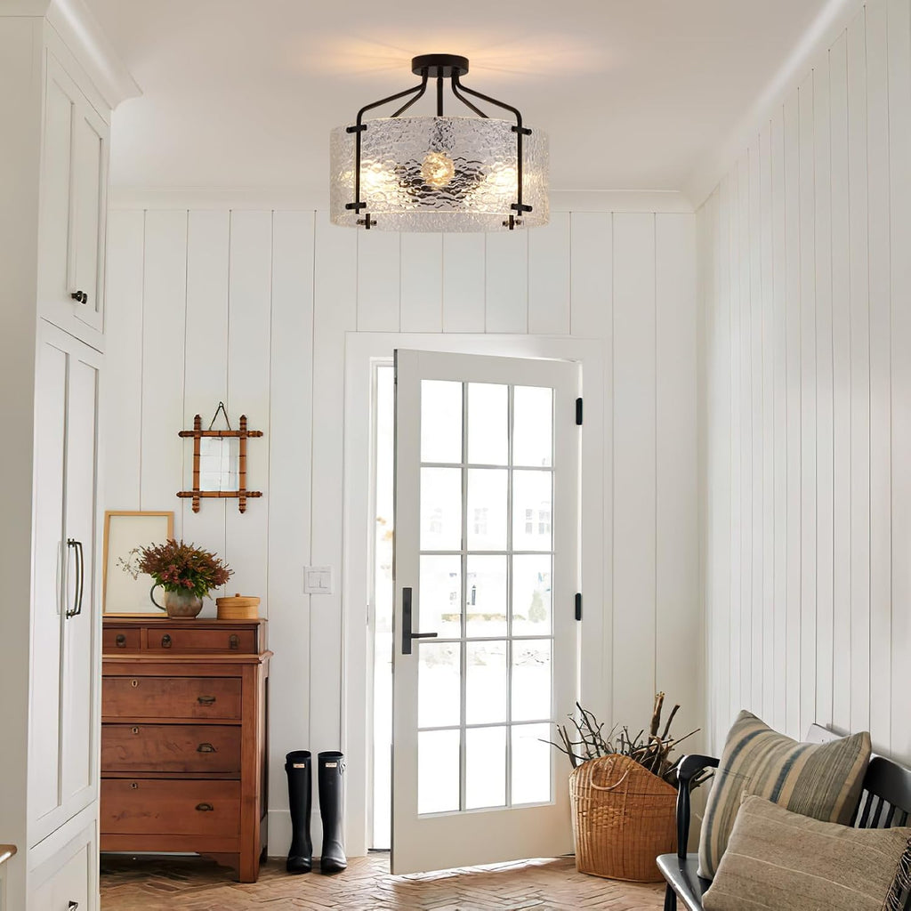 Semi Flush Mount Ceiling Light Fixture,Glass Drum Kitchen Lighting Fixtures Ceiling,18''Black Modern Light Fixture