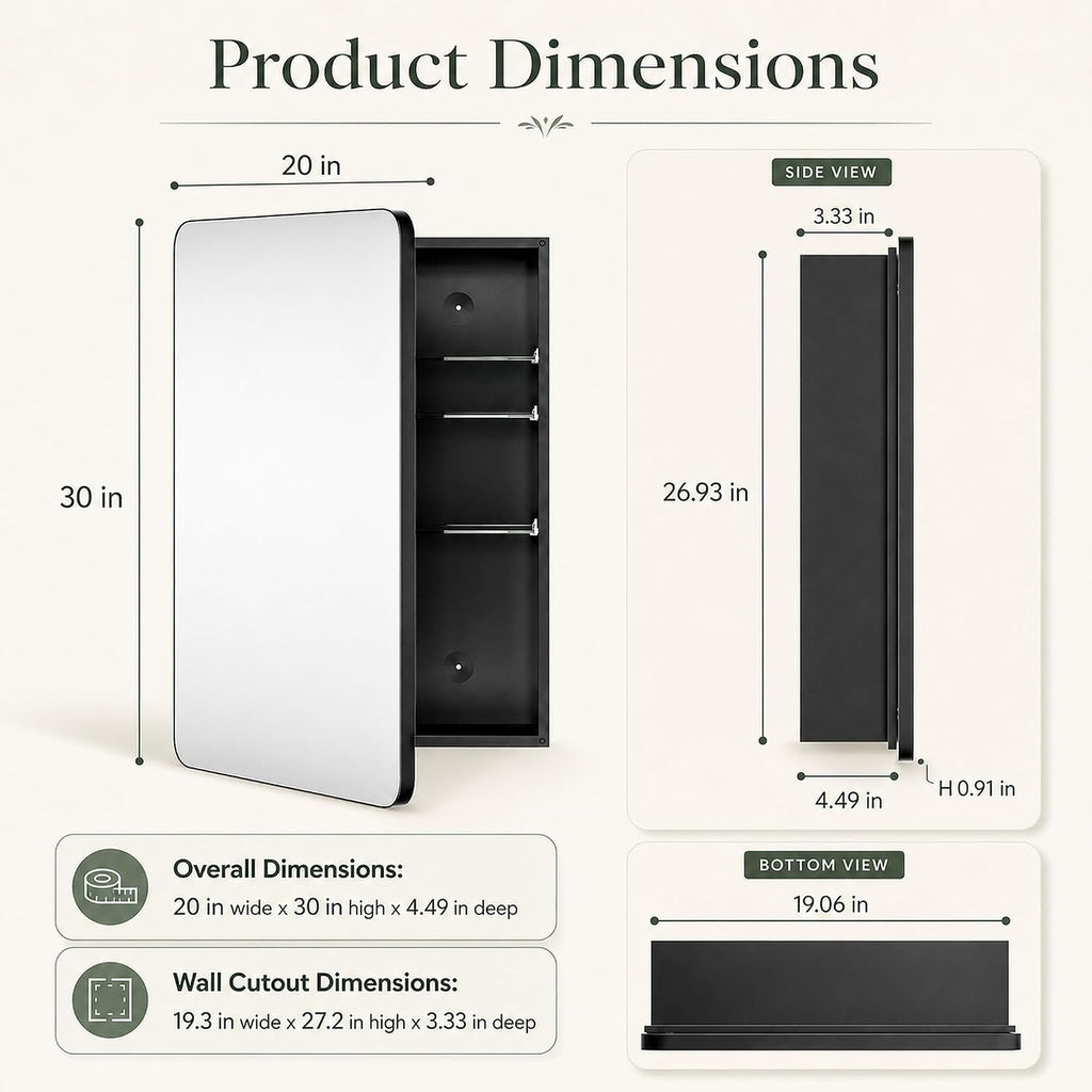 20x30 Black Medicine Cabinet with Mirror, Recessed & Surface Mount