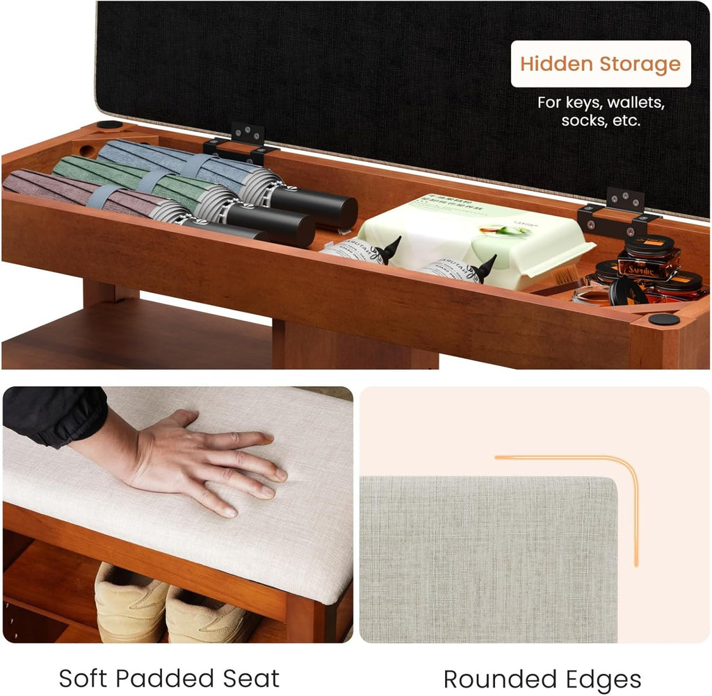 Shoe Rack Bench with Flip-Top Storage, Solid Wood Entryway Bench with Cushion, Adjustable Shelf, Shoe Organizer for