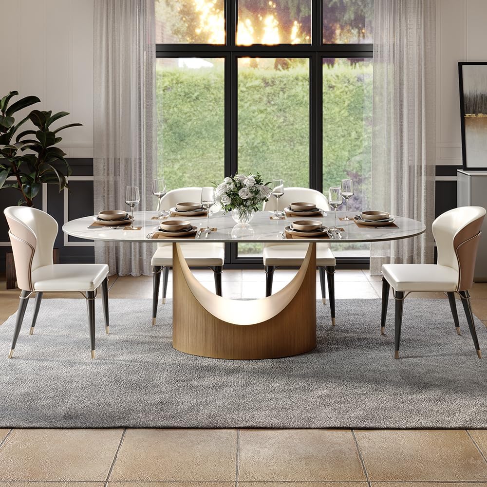 Modern Dining Table,71" Oval Sintered Stone Table with Bronze Carbon Steel Base for Dining Room,Kitchen,Home