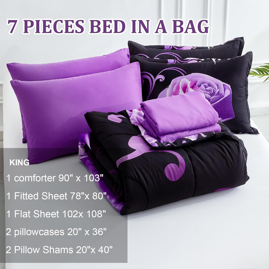 Purple Comforter Set, Reversible Purple Rose 7 Pieces Bed in a Bag