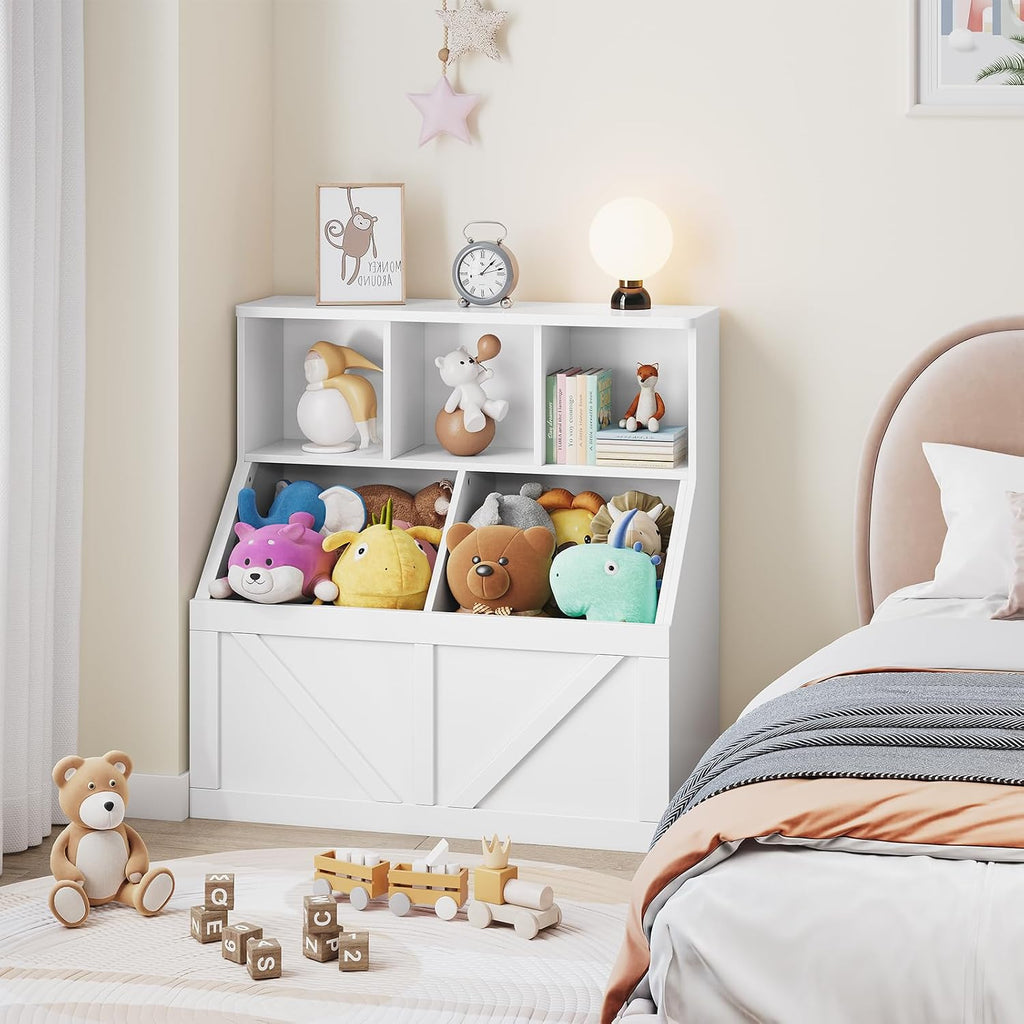 Kids Bookshelf and Toy Storage, Kids Toy Storage Organizer, White | Toy Organizer with Storage Cabinet and Cubby