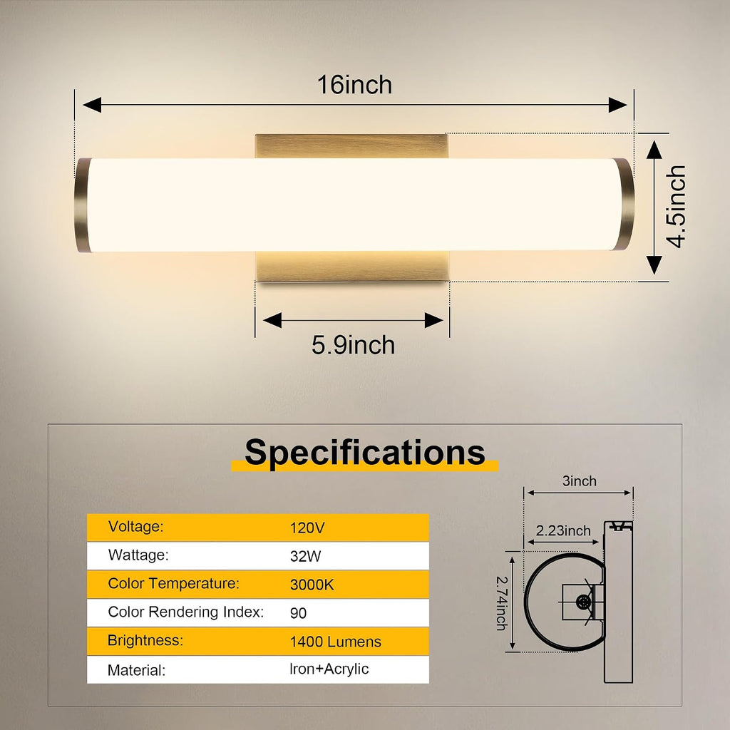 16in Modern Wall Sconces, Dimmable Bathroom Vanity Lights, 3000K Warm White LED Indoor Sconces Lighting for Bathroom