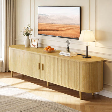 65" Mid Century Modern TV Stand with Power Outlet, Fluted Entertainment Center with Storage and Adjustable Shelves
