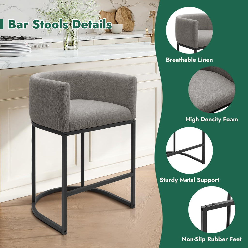 Counter Height Bar Stools Set of 4, 24 Inch Seat Height Barstools, Fabric Upholstered Bar Chair Island, Linen Counter