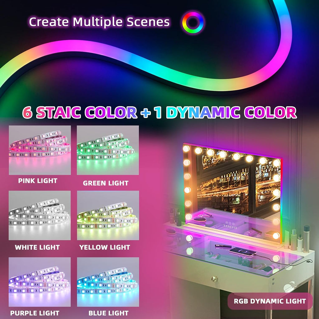 32" x 23" Hollywood Vanity Mirror with RGB Backlight and 18 Dimmable LED Bulbs, Color-Changing Lighted Makeup Mirror