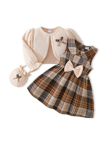 Girl Clothes Girl Dresses Fall Outfits Winter Set Coat Cardigan Coffee-Plaid
