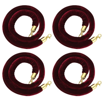 4 Pack 5 Feet Burgundy Velvet Stanchion Rope, Crowd Control Ropes with Gold Clasps, Foam Core Queue Safety Sarriers