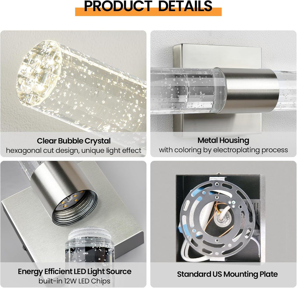 LED Wall Sconces Set of Two - 4000K Dimmable Crystal Bathroom Sconces Wall Lighting Indoor Brushed Nickel Vanity