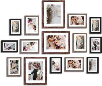 Picture Frames Set, 15 Pack, MDF, Brown Black, 8x10, 5x7, 4x6 | Wall or Tabletop Decor, High-definition Plexiglas