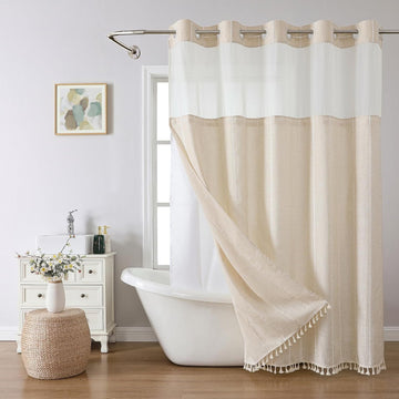 Boho Farmhouse No Hook Shower Curtain Set with Snap-in Fabric Liner,Heavy-Duty Linen Textured Rustic Striped
