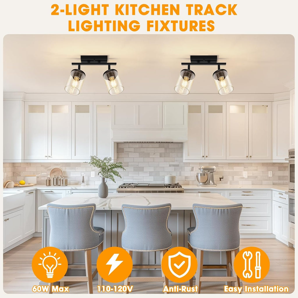 2-Lights Semi Flush Mount Ceiling Light, Modern Black Kitchen Light Fixtures Ceiling with Clear Glass Shade