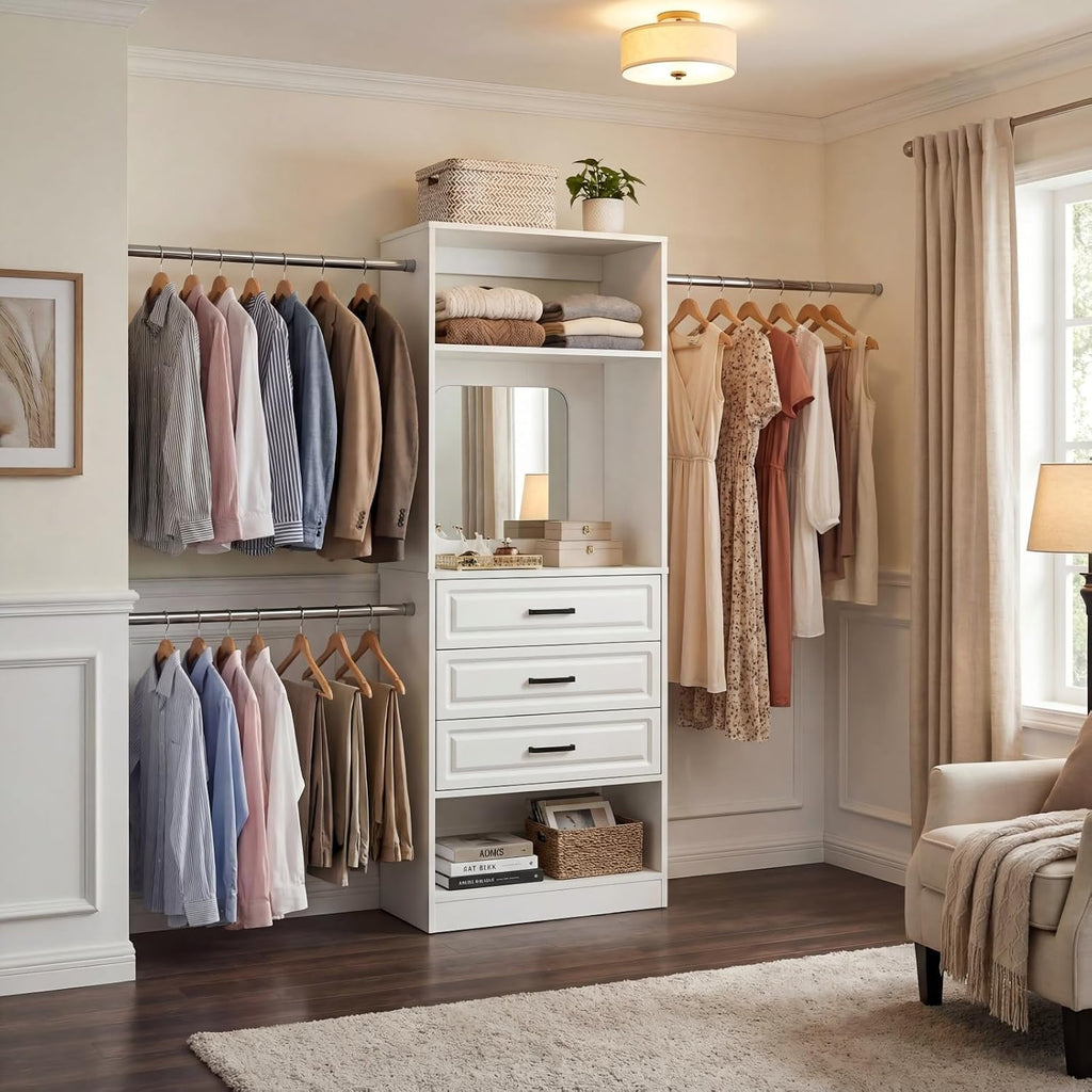 48" W - 96" W Closet System with Mirror, 8FT Walk in Closet Organizer Kits with Drawers and 3 Extendable Hanging Rod
