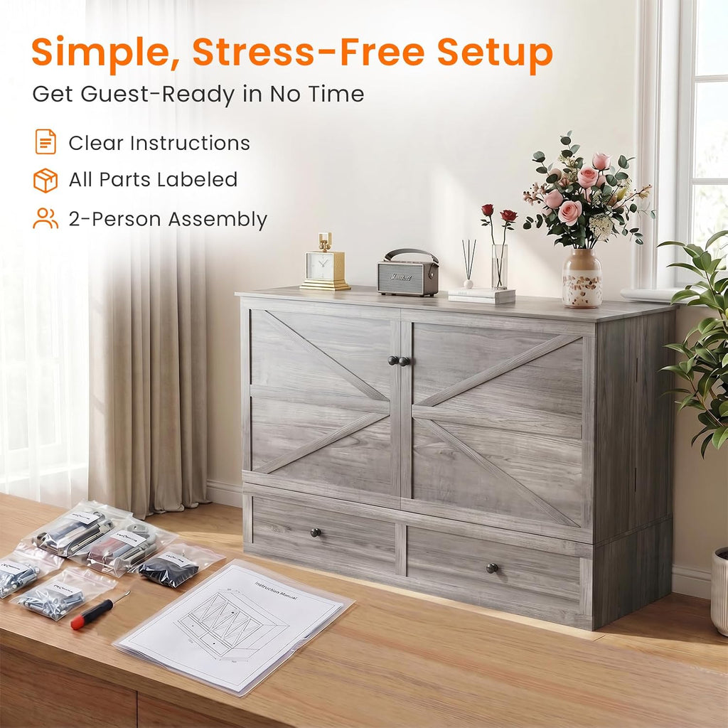 Full Murphy Bed with Tri-Folding Mattress，Murphy Bed Full with Charging Station and Storage Drawers for Small