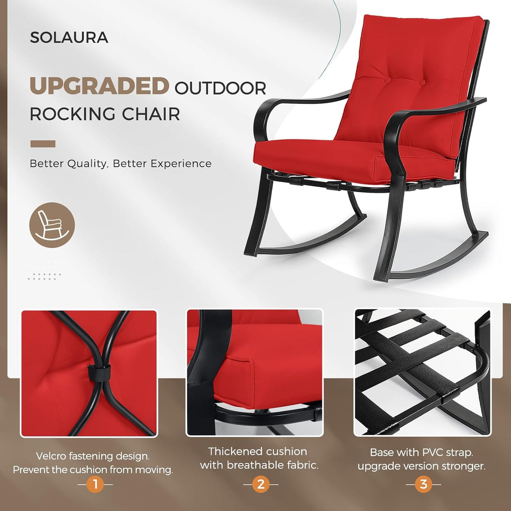 3-Piece Outdoor Rocking Chairs Bistro Set, Black Iron Patio Furniture with Red Thickened Cushion & Glass-Top Coffee
