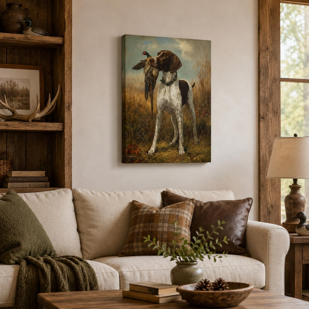 Classic German Shorthaired Pointer with Pheasant Canvas Wall Art - Vintage Hunting Scene Rustic Decor Office Man Cave