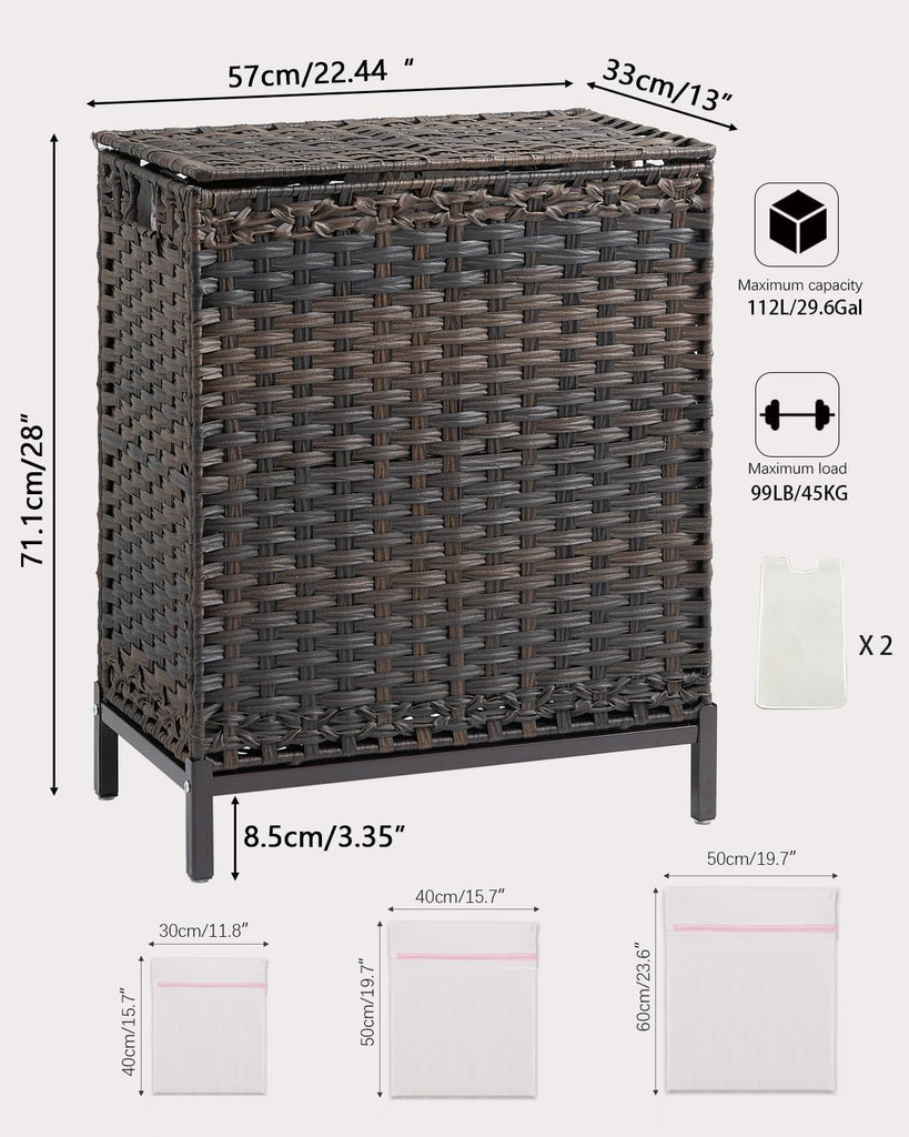 Laundry Hamper with Lid, 29.6 Gal 2-Bag Clothes Sorter, Brown | 112L 2-Section PE Rattan Hamper with Lid, Metal
