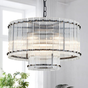 Black Drum Chandelier Light Fixture, Doule Layer Middle Century Modern Design, with 5-Light, D18 x H10, Adjustable 59" Chains, Glass Shade & Black Metal Frame