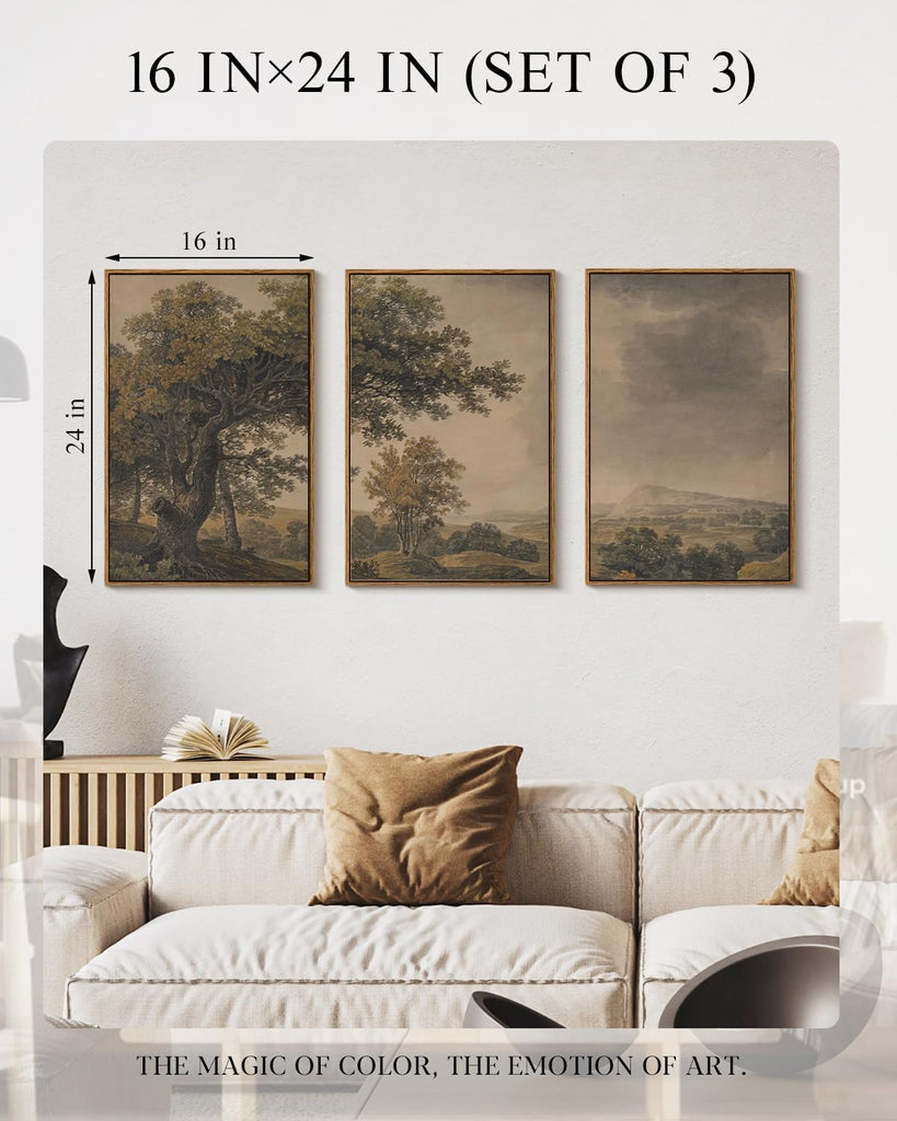 Vintage Nature Landscape Framed Canvas Wall Art Set of 3, Beige Brown 16x24 Triptych Tree Mountains Sky Scenery