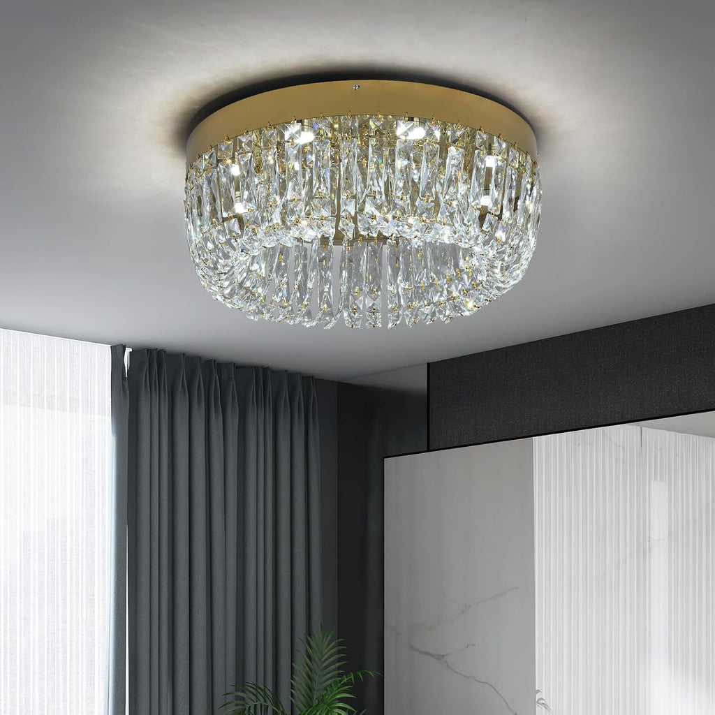 Luxury Gold Crystal Chandelier Flush Mount Ceiling Light, 19.7" Modern LED Lighting Fixture for Bedroom Kitchen