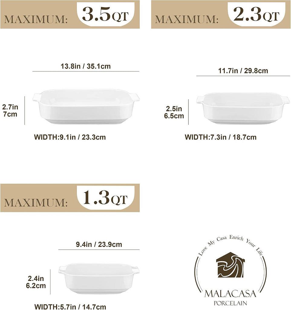 Ceramic Casserole Dishes Set of 3,White Dish for Oven,9x13 | Rectangular Deep Lasagna Pans with Handles, Stackable