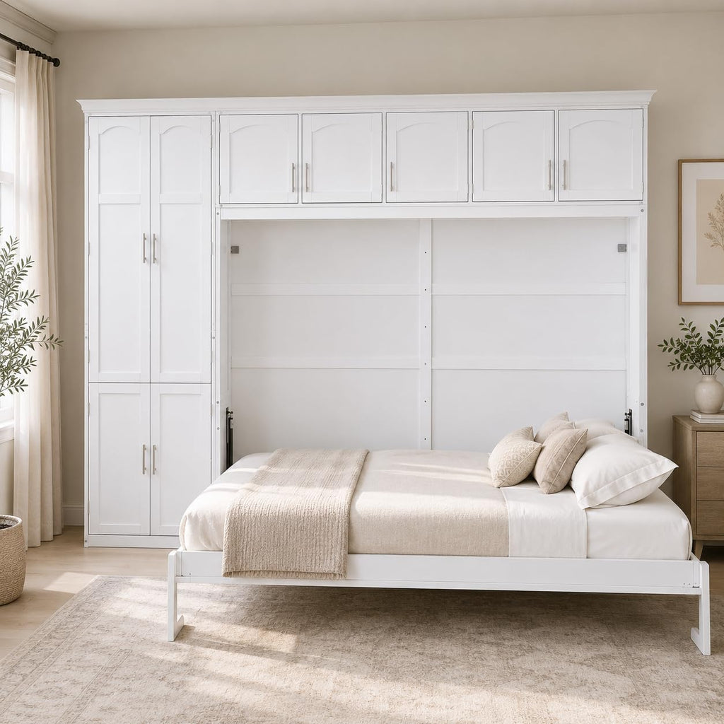 Queen Murphy Bed Wall Bed with Cabinets,White