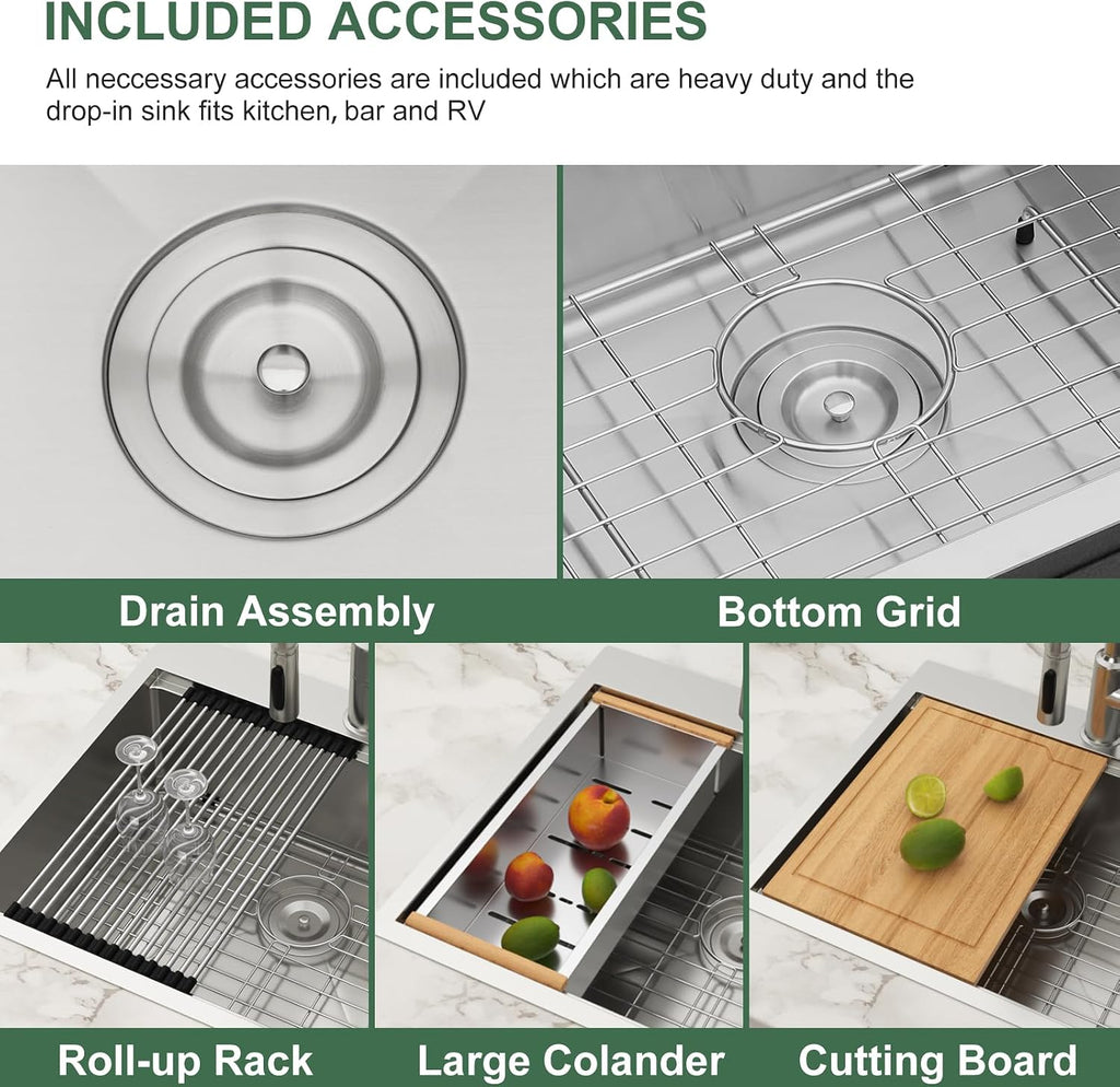 33x22 Drop In Workstation Kitchen Sink with Accessories | 16 Gauge Stainless Steel, Single Bowl, Round Corner