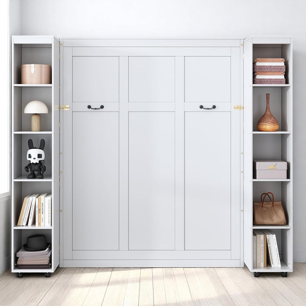 Queen Murphy Bed Cabinet with Storage Bookshelf Bookcase, Wood Hidden Foldable White Murphy Wall Bed with Storage