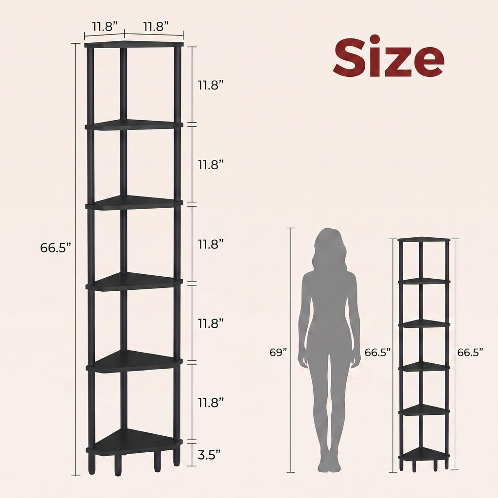 6 Tier Corner Shelf, Narrow Display Shelf Stand, Corner Bookshelf