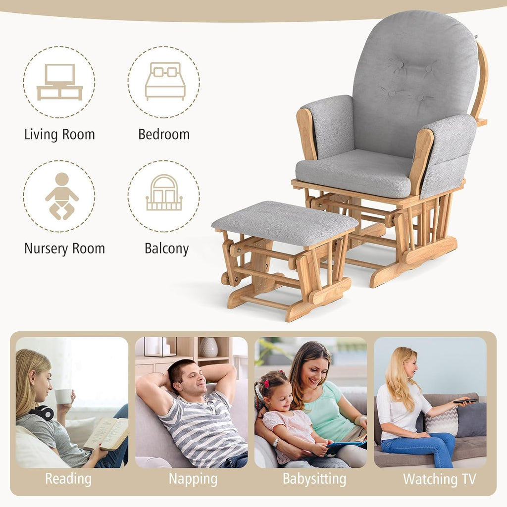 Nursery Glider with Ottoman, Upholstered Comfort Glider Rocker with Padded Cushion, Storage Pocket, Solid Wood Base
