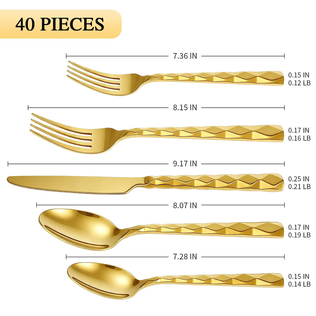 Gold Silverware Set Diamond Cut Pattern 40-Piece Service for 8