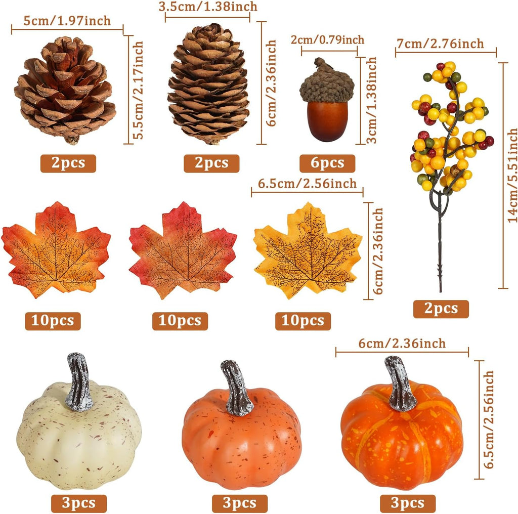 Artificial Pumpkins, Fall Harvest Decorations with Acorns, Pinecones, Berries, Maple Leaves for Farmhouse Fall - Set of 51