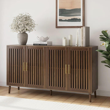 63" Long Sideboard Buffet with 4 Slatted Doors, Farmhouse Buffet Storage Cabinet with Adjustable Shelf